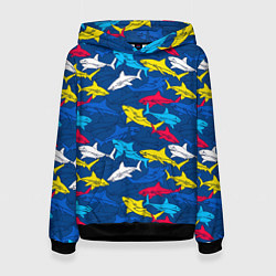 Толстовка-худи женская Разноцветные акулы на глубине, цвет: 3D-черный