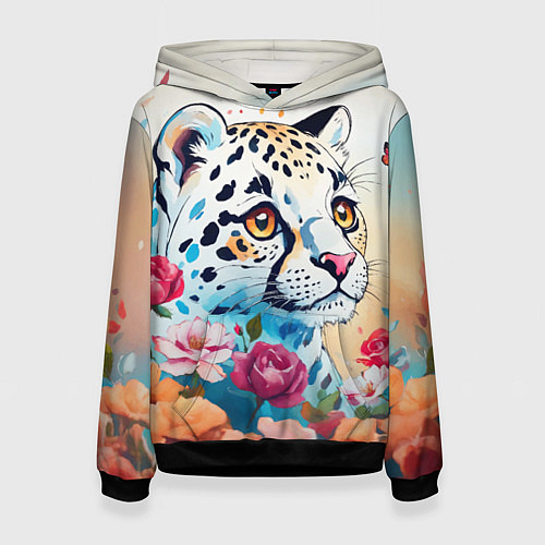 Женская толстовка Мультяшный леопард в цветах / 3D-Черный – фото 1