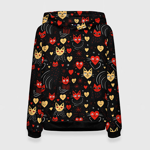 Женская толстовка Паттерн с сердечками и котами валентинка / 3D-Черный – фото 1