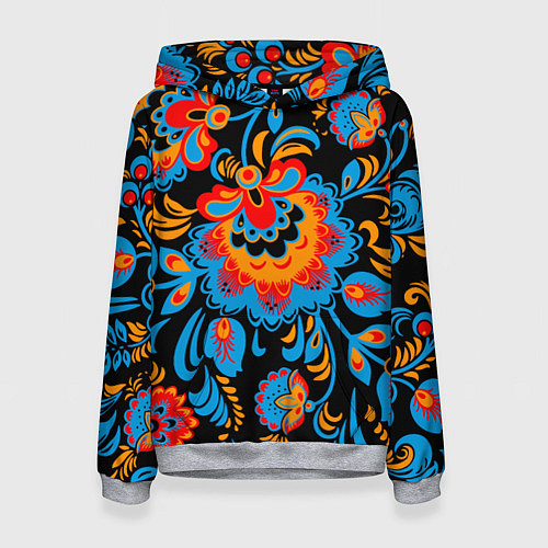 Женская толстовка Хохломская роспись разноцветные цветы на чёроном ф / 3D-Меланж – фото 1