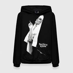 Толстовка-худи женская Techno храм красивая монашка с сигаретой, цвет: 3D-черный