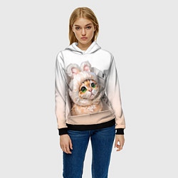 Толстовка-худи женская Милый кот-мем в шапке с ушками - бежевый градиент, цвет: 3D-черный — фото 2