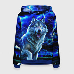 Толстовка-худи женская Грозовой волк с молниями, цвет: 3D-синий