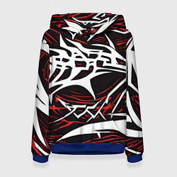 Толстовка-худи женская Белые и красные агрессивные линии на чёрном фоне, цвет: 3D-синий