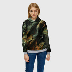 Толстовка-худи женская Реалистичный охотничий камуфляж из ткани и листьев, цвет: 3D-меланж — фото 2