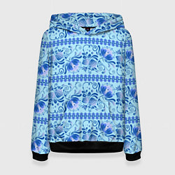 Толстовка-худи женская Паттерн гжель узоры и цветы, цвет: 3D-черный