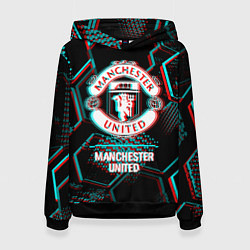 Толстовка-худи женская Manchester United FC в стиле glitch на темном фоне, цвет: 3D-черный