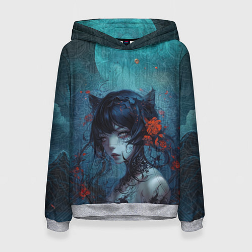 Женская толстовка Готическая девушка-кошка под луной / 3D-Меланж – фото 1