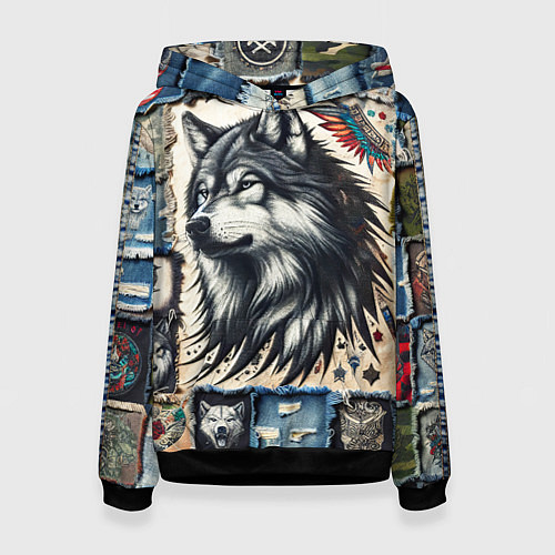 Женская толстовка Волк на дениме Пэчворк / 3D-Черный – фото 1