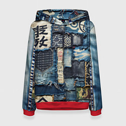Толстовка-худи женская Иероглифы на пэчворк дениме, цвет: 3D-красный