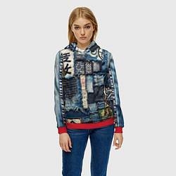 Толстовка-худи женская Иероглифы на пэчворк дениме, цвет: 3D-красный — фото 2