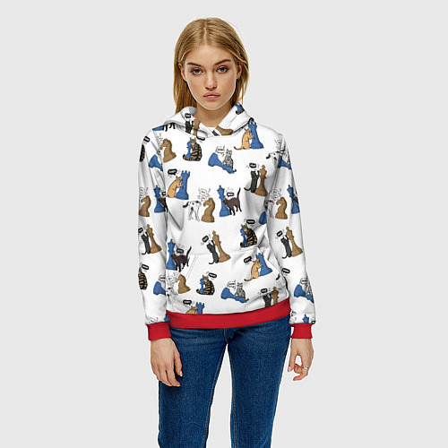 Женская толстовка Котики и шахматы белый / 3D-Красный – фото 3