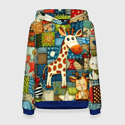 Толстовка-худи женская Жираф и компания - пэчворк нейросеть, цвет: 3D-синий