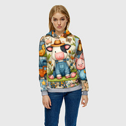 Толстовка-худи женская Прикольный телёнок и его друзья - пэчворк, цвет: 3D-меланж — фото 2
