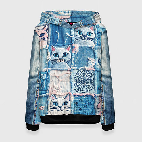 Женская толстовка Кошки на пэчворк джинсах паттерн / 3D-Черный – фото 1