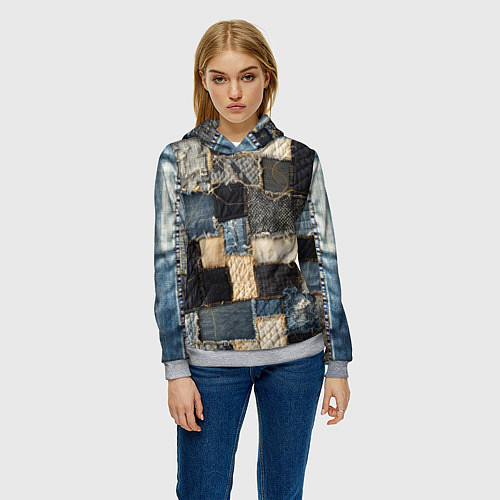 Женская толстовка Заплатки пэчворк на джинсе / 3D-Меланж – фото 3