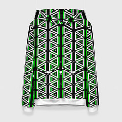 Толстовка-худи женская Бело-зелёные треугольники на чёрном фоне, цвет: 3D-белый