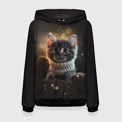 Толстовка-худи женская Котенок в свитере - нейросеть, цвет: 3D-черный