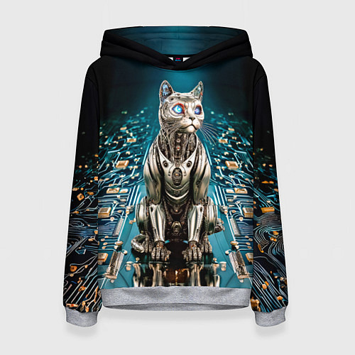 Женская толстовка Кибер кот сидит на печатной плате / 3D-Меланж – фото 1