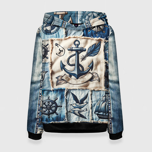 Женская толстовка Пэчворк с якорем - джинсовка моряка / 3D-Черный – фото 1