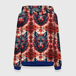 Толстовка-худи женская Серые волки на красном фоне, цвет: 3D-синий