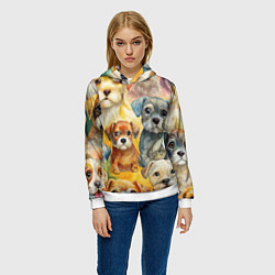 Толстовка-худи женская Красочный паттерн с щенками, цвет: 3D-белый — фото 2