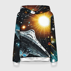 Толстовка-худи женская Космолёт в неоновом космосе - нейросеть, цвет: 3D-белый