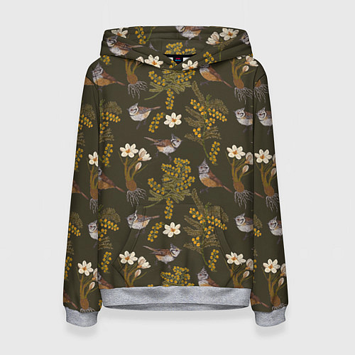 Женская толстовка Хохлатые синицы и мимоза паттерн / 3D-Меланж – фото 1