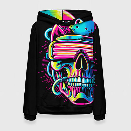 Женская толстовка Cyber skull - ai art neon / 3D-Черный – фото 1