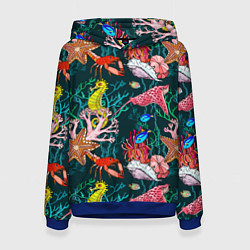 Толстовка-худи женская Морская жизнь под водой - паттерн с звёздами и кон, цвет: 3D-синий