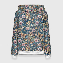 Толстовка-худи женская Летний узор с цветами и бабочками, цвет: 3D-белый