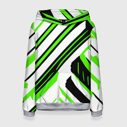 Толстовка-худи женская Чёрно-зелёные полосы на белом фоне, цвет: 3D-меланж
