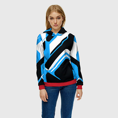 Женская толстовка Бело-голубые линии на чёрном фоне / 3D-Красный – фото 3