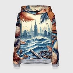 Толстовка-худи женская Коллаж с видом Нью-Йорка - нейросеть, цвет: 3D-меланж