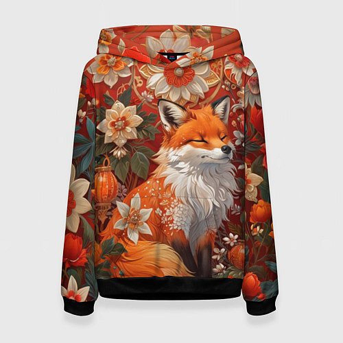 Женская толстовка Умилительный лисёнок в цветах / 3D-Черный – фото 1