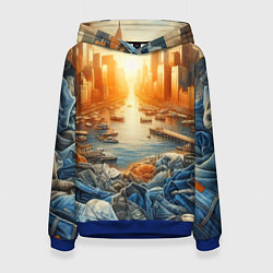 Толстовка-худи женская Нью-Йорк с джинсовыми берегами - нейросеть, цвет: 3D-синий