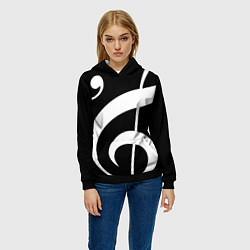 Толстовка-худи женская Скрипичный и басовый ключи - белые на чёрном, цвет: 3D-черный — фото 2