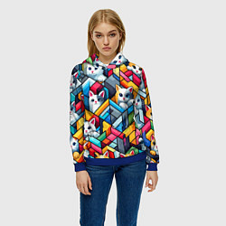 Толстовка-худи женская Геометрический паттерн с котятами - нейросеть, цвет: 3D-синий — фото 2