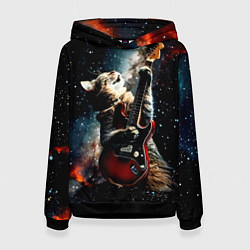Толстовка-худи женская Космический кот играет на гитаре, цвет: 3D-черный