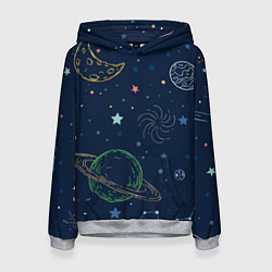 Толстовка-худи женская Планеты и созвездия в космосе, цвет: 3D-меланж
