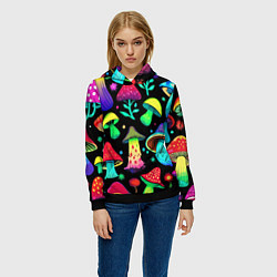 Толстовка-худи женская Биолюминесцентные кислотные грибы, цвет: 3D-черный — фото 2