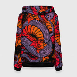 Толстовка-худи женская Цветы и змея - Японский стиль, цвет: 3D-черный