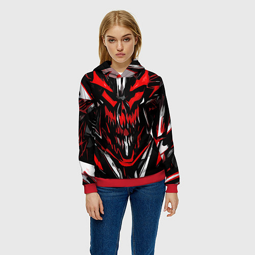 Женская толстовка Красно-белое абстрактное лицо на чёрном фоне / 3D-Красный – фото 3