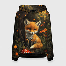 Толстовка-худи женская Лисёнок в волшебном лесу, цвет: 3D-черный