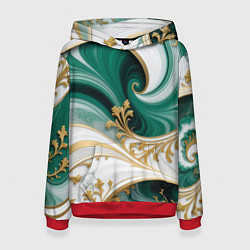 Толстовка-худи женская Зеленые волны и золотые веточки, цвет: 3D-красный