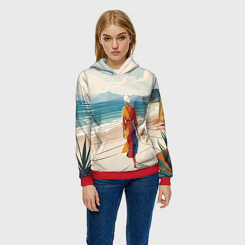 Женская толстовка Летний пейзаж с женщиной на пляже / 3D-Красный – фото 3