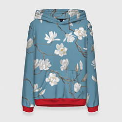 Толстовка-худи женская Цветы акварелью ветки магнолии, цвет: 3D-красный
