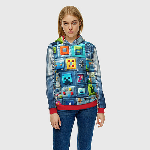 Женская толстовка Minecraft на пэчворк дениме / 3D-Красный – фото 3