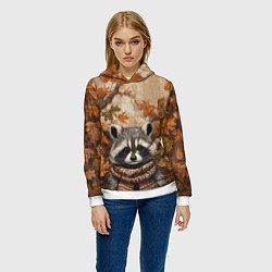 Толстовка-худи женская Осенний енот в шарфе, цвет: 3D-белый — фото 2