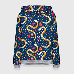 Толстовка-худи женская Новогодний паттерн символ года 2025, цвет: 3D-меланж